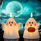 Eldnacele Halloween Ghost Flickering Flameless Candles with 6 Hour Timer, Battery Operated Tea Lights White Spooky Ghost Lights Wax Candles Indoor Fireplace Holiday Decorations Gifts(2Pcs, D3.5×H5)