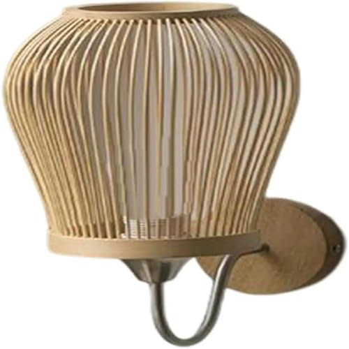 Nuevo aplique pared vintage chino bambú tejido con jaula, lámpara pared con base hierro for casa té, dormitorio, balcón, sala estar, mesita noche