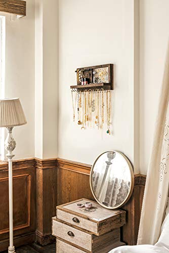 Mkono Rustic Wall Mounted Jewelry Organizer With Bracelet Rod And 30 Hooks Wood Hanging Jewellery Holder For Necklaces, Earrings, Bracelets, Rings, Display Shelf For Cabinet,Mother's Day Gift #TOP2