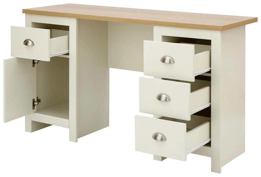 GFW Lancaster Study Desk, Cream and Oak Effect Home Office Desk with 4 Drawers and Cupboard Storage, Country Cottage Computer Workstation