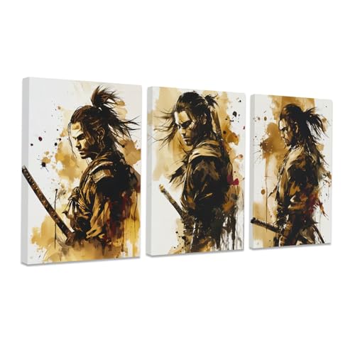Image of CCWACPP 3 Piece Samurai Wall Art Japan Painting Canvas Print Warrior Figure Pictures Bushido Posters Japanese Culture Theme Artwork Home Room Decor Framed (B, (16 inchx24 inchx3))