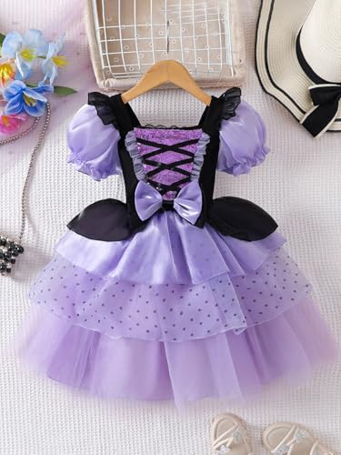 Fylytota Witch Tutu Dress for Girls Halloween Costume with Candy Bag Purple Black Puff Sleeves Dress for Kids Birthday Party — view 5