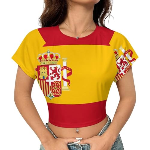 Flag of SpainWomen's Short-Sleeved Cropped T-Shirt, Casual Round Neck Cropped Basic T-Shirt