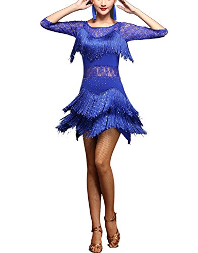 Whitewed Fringe Sparkly Bling Dancewear Dance Dress Costumes for New Years Christmas Blue