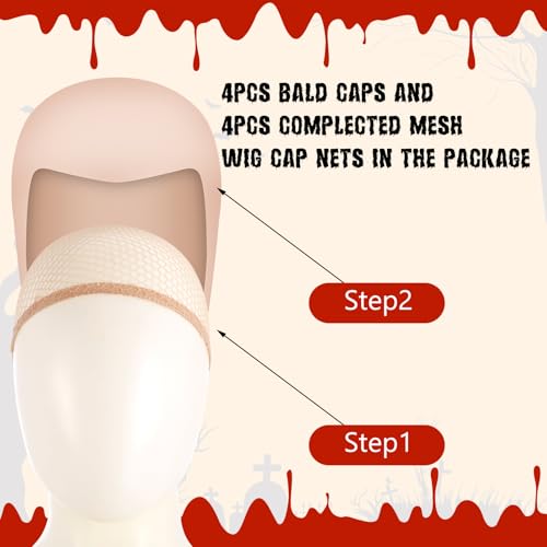 Jspupifip 8 Pcs Halloween Bald Caps, 4 Pcs Makeup Latex Bald Cap 4 Pcs Skin Wig Caps Bald Head Caps Cosplay Costume Accessories for Women Men Adults Halloween Theme Party Decorations Supplies - Thumbnail 2