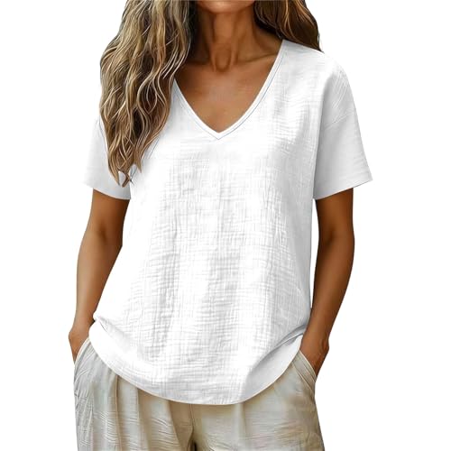 Image of Summer Womens Cotton Linen Tops Ladies T-Shirts V Neck Loose Blouse Plain Short Sleeve T Shirt Solid Color Elegant Tshirt Oversized Tees Dressy Blouses UK Size