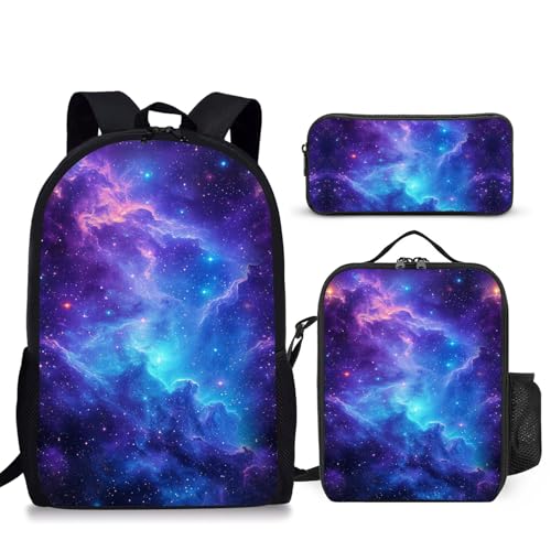 3PCS Galaxy Print Backpack for Boys Girls Teens School Backpack with Lunch Box Pencil Case for Elementary Middle High Students 17 Inch Lightweight Bookpack 3 in 1 Set Back to Shool Gifts for Kids