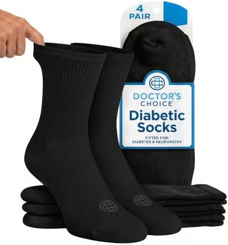 Doctor's Choice Diabetic Socks for Men, Seamless Crew Socks with Non-Binding Top, 4-Pairs, Large 10-13 & X-Large 13-15
