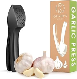 Oliver's Kitchen ® Premium Garlic Press - Super Easy to Use & Clean Garlic Crusher & Mincer - Crush Garlic & Ginger Effortlessly (No Need to Peel) - Built for Life - Strong & Durable (Matt Black)
