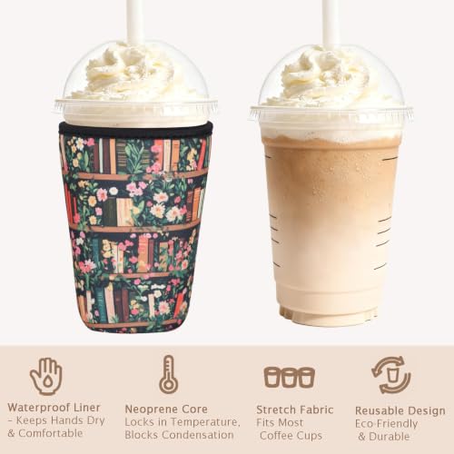 Image of Reusable Insulated Neoprene Iced Coffee Cup Sleeve, Durable Drink Sleeve for Cold Beverages, Beverage Holder for Iced Coffee (Bookish Bloom)