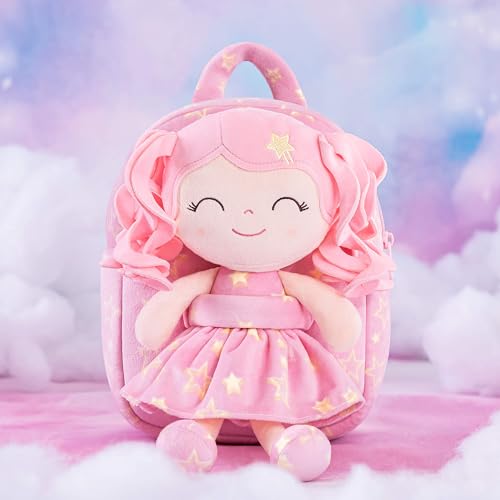 Image of Gloveleya Toddler Backpack Baby Girl Gifts Curly Hair Plush Figures Dress Backpack Kids Backpack Curly Hair Spring Girl - Pink Head Pink Star 9inches