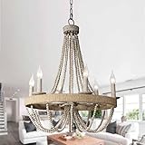 Chandeliers for Dining Room, Farmhouse Bohemia Chandelier Ceiling Light with Wood Beads, Rustic Hanging Light Fixture for Kitchen Living Room Entryway, Adjustable Chain (39.4'), 6-Light