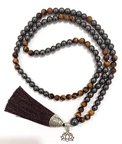 Japamala Hematita Olho de Tigre 8 mm Colar 108 Contas Pedras Naturais Flor Lótus (Preto Marrom)
