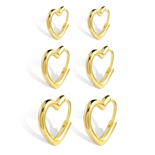 925 Sterling Silver 3 Pairs Heart Earrings Set for Women 14K Gold Plated Hoops, ALEXCRAFT Minimalist Hearts Shaped Small Big Silver Huggie Hoop Trendy Earring Hypoallergenic Thick Chunky Earings2