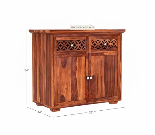 Image of SHIKHA WOOD CRAFT Solid Sheesham Wood Sideboard Cabinet With 2 Drawers and 2 Door Storage | Wooden Multipurpose Cabinet Storage Furniture for Living Room, Bedroom, Home, Kitchen (Natural Honey Finish)