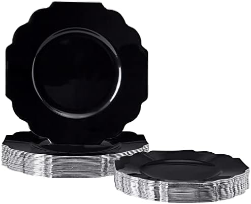 Silver Spoons Disposable Dinnerware Plates | Baroque Collection, Dinner, Black