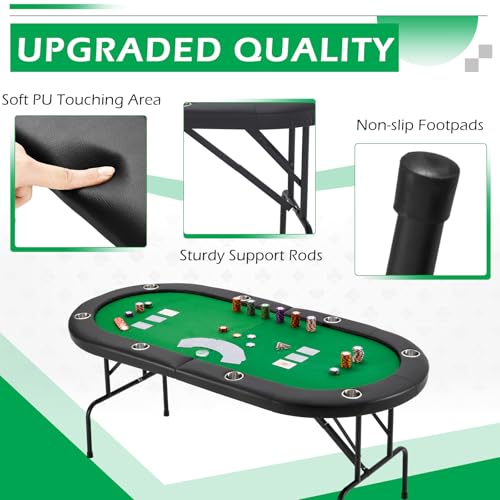 ECOTOUGE Poker Table Foldable, 8 Players Gaming Table w/Stainless Cup Holder & Portable Storage Bag, Folding Oval Blackjack Table for Texas Casino Leisure Game, No Assembly Required, Green - Thumbnail 6