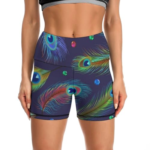 JYYAU Peacock High Waist Yoga Shorts for Women Athletic Shorts Leggings Running Pants Black