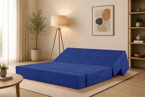 Image of Four Seater Sofa Cum Bed Jute Fabric 6 X 6 Ft| Space Saving Foldable Sofa Bed for Living Room & Guest Room | Comfortable Multi-Functional Furniture - Blue