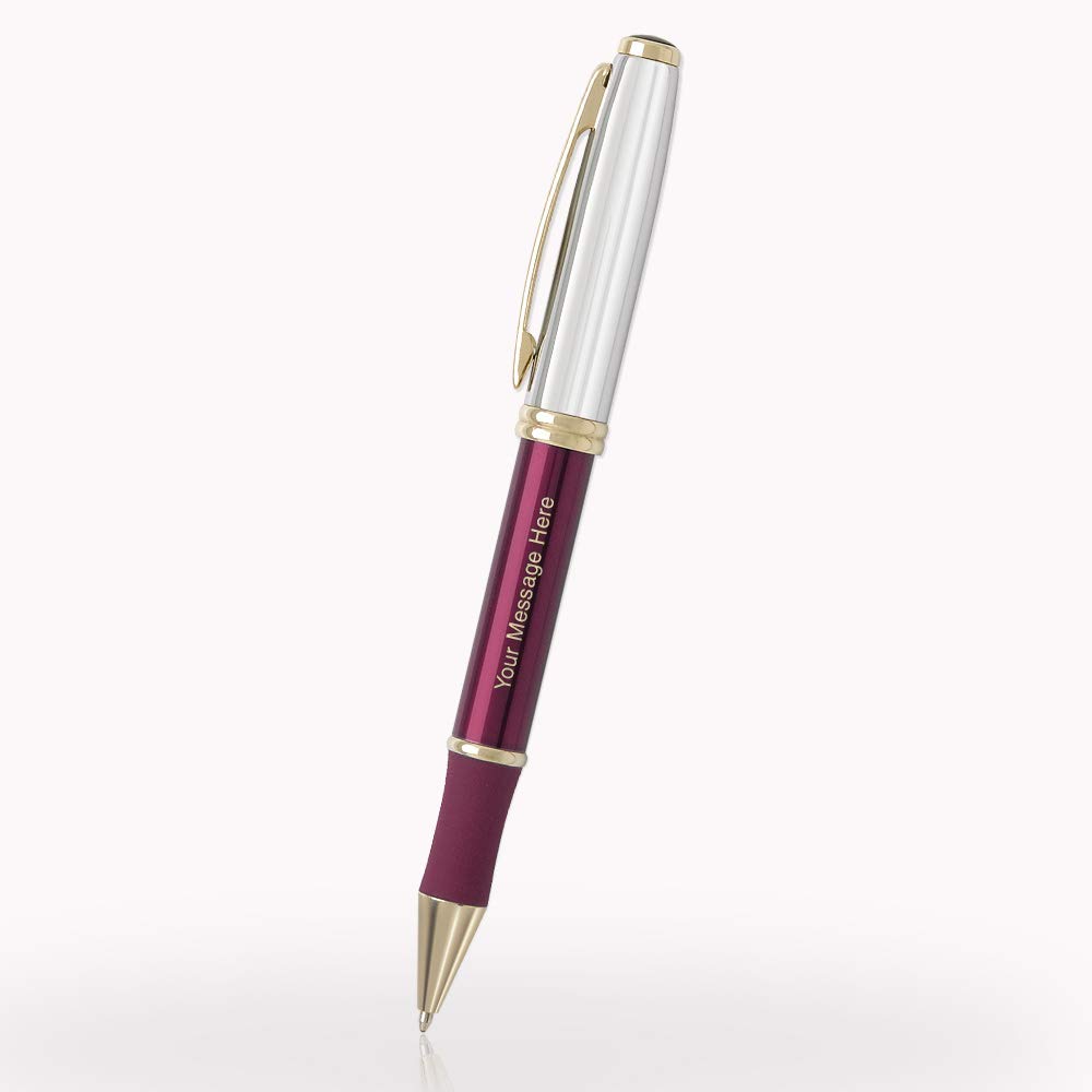 1 Custom Laser-Engraved Executive Metal Ballpoint Pen in Classic Burgundy Color with Gold Tone Accents. Black Ink.
