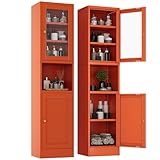 YAUWOH Orange Metal Storage Cabinet with Glass Door, Metal Locker Storage Cabinet with 3 Adjustable Shelves and 2 Doors,Sideboard for Small Spaces, Living Room, Home Office, Dining Room
