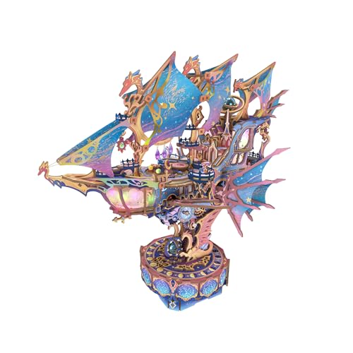 Tonecheer 3D Wooden Puzzle Airship Model Kit, DIY Transmission Model Fantasy Ship Spaceship with Music, Movable Building Kit Starlight Craft...