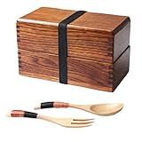 AOOSY Lunch Box Bento Box Fiambrera Japonesa tradicional de madera natural caja de almuerzo doble alimentos frutas Sushi Sandwich Container escuela de viaje para Camping (con tenedor cuchara Kit)