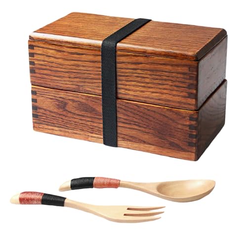 AOOSY Lunch Box Bento Box Fiambrera Japonesa tradicional de madera natural caja de almuerzo doble alimentos frutas Sushi Sandwich Container escuela de viaje para Camping (con tenedor cuchara Kit)