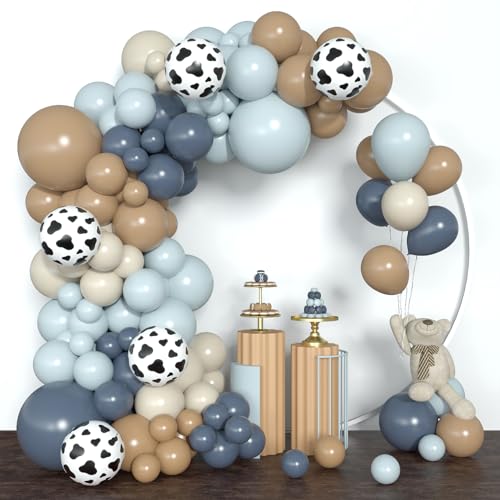 Image of Amandir 153pcs Cowboy Balloon Arch Garland Kit Different Sizes | 18 12 10 5inch Dusty Blue Brown Sand White Cow Print Balloons for Cowboy Shower Rodeo Farm Western Birthday Party Decoration