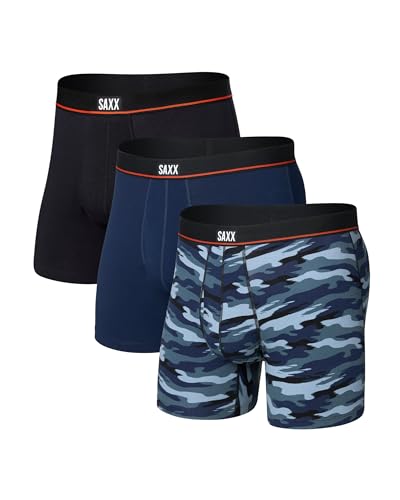 SAXX Underwear Co. Mens Non-Stop Stretch Cotton Boxer Brief Fly 3-Pack Analog Wave Camo/Marine/Black Large