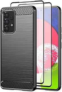Teayoha Case for Samsung Galaxy A53 5G,with Tempered Glass Screen Protector [2 Pack], Carbon Fiber Scratch Resistant, Shock Absorption Soft TPU Drawing Protective Cases Phone Cover - Black