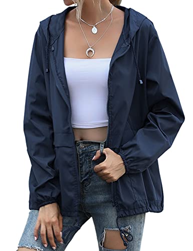Muzeca Raincoat For Women Waterproof Rain Jackets Lightweight Packable Hooded Rain Coat Plus Size Windbreaker Jacket Navy Blue Large #TOP1