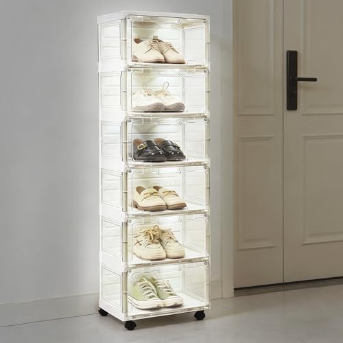 Image of Collapsible Shoe Rack Organizer with Doors & Lights, 6-Tier Foldable Shoe Cabinet with Wheels, Large Plastic Shoe Shelf with Transparent Windows, Easy Assembly Storage for Entryway Hallway