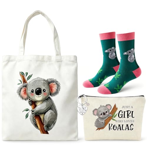 CYGMRFH 4Pcs Koala Gifts for Women Girls Canvas Tote Bag Makeup Pouch & Keychain Funny Animal Cotton Sock Reusable Shopping Shoulder Bag Set for Work Travel Christmas Birthday Gift