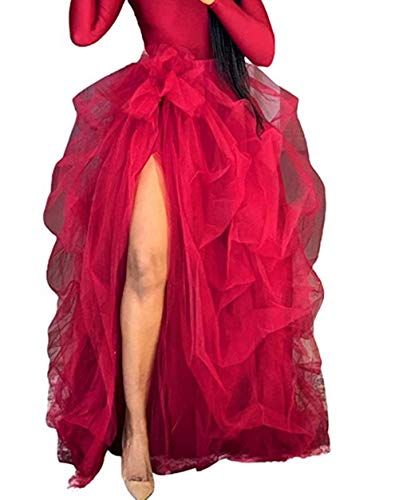 Amen - Falda larga de tul para boda, con cola de milano, falda de tul para mujer, longitud larga, rojo, Talla única