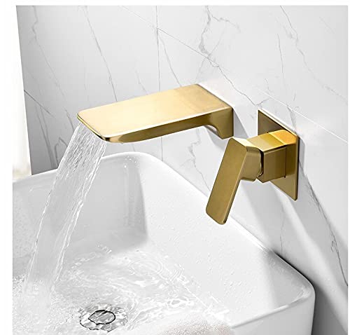 Mitigeur lavabo mural or brossé cascade en laiton pour salle de bain eau chaude et froide