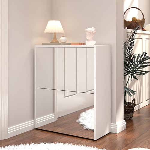 Organizedlife Mirror Shoe Storage Cabinet, 2 Tier Hidden Shoe Rack Closet with Flip Drawer, for Big Shoes Size 15, Entryway, White