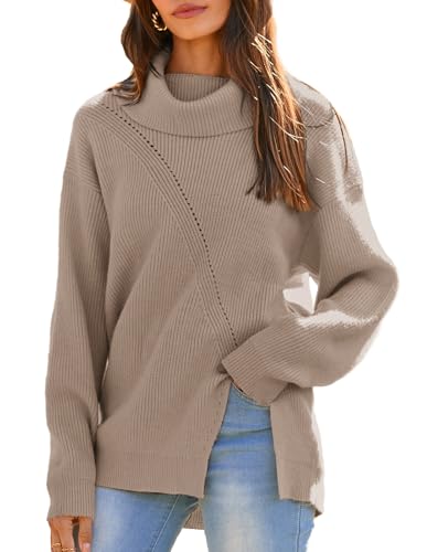 GRACE KARIN Women's Oversized Turtleneck Sweaters 2024 Fall Tunic Sweater Casual Loose Knit Pullover Sweater Jumper Top L Khaki