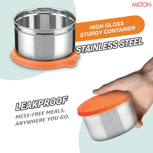 Image of MILTON Plato Pack Big Stainless Steel Lunch Box (2 X 500 ml containers) with Jacket | Leak Proof, Food Grade I Lightweight, Odour Proof | 1 Year Warranty I Ideal for Office, School, Travel, Orange