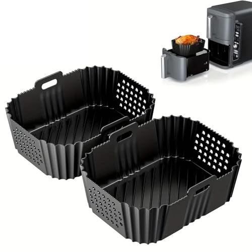 2 Pack Air Fryer Silicone Liners, Suitable with Ninja SL400 SL401 AF300 AF400 and 8/9/10QT Double Basket Air Fryer Liners,Heat Resistant Easy Cleaning Air Fryers Oven Accessories,black