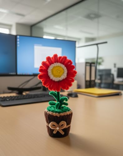 Image of Handmade Artificial Flower Pot for Home Decor | Cute Fuzzy Wire Pipe Cleaner Flower Plant | Aesthetic Tabletop Decorative Pot for Home, Office & Gifting (Soft Bloom :- White-Red)