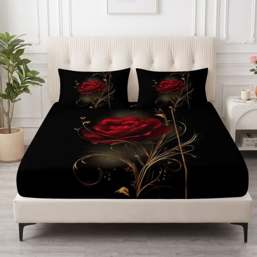 Sábana bajera ajustable de rosas rojas 180x200 para colchón de 30cm 2