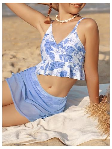 SHENHE Girl's 3 Piece Swimsuits Ruffle Flounce Floral Bathing Suit Bikini with Cover Up Skirt4