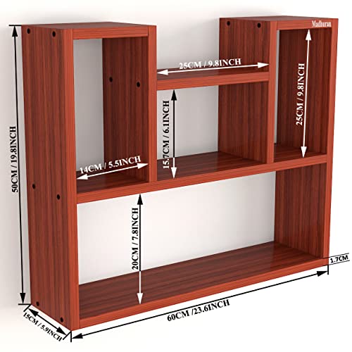 Image of Madhuran Riya Engineered Wood Wall Mounted Books Cum Decorative Items Display Shelf Rack Shelves (60x15x50 CM Teak) Home Decor Items Living Room Office Bedroom Multipurpose Bookends