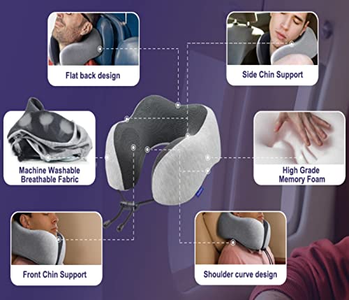 SKY-TOUCH Travel Pillow Set, Memory Foam Neck Pillow, U Shape Head Pillow Airplane Travel Kit with 3D Contoured Eye Masks, Earplugs and Storage Bag