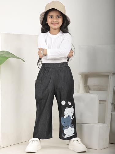 Image of superminis Girls Denim Jeans | Stretchable Blue Cat Print Jeans for Girls 3-10 Years | Soft Comfortable Kids Denim Pants for Casual