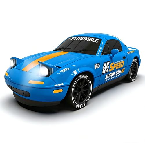 Image of 1:24 RC Drift Car 4WD, 20km /h Remote Control Car with Smoke Effect, Pop-Up Headlights, LED Lights, Drift Tires, Rechargeable Toy Car for Kids & Adults (Blue)