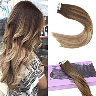 VeSunny 10Pcs/25G Ombre Tape in Remy Human Hair Extensions Color Dark Brown Fading to Medium Brown Mix Blonde Tape in Hair Extensions Ombre Human Hair 18"