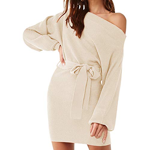Meenew Women's One Shoulder Long Sleeve Tie Waist Mini Sweater Dress Apricot XL