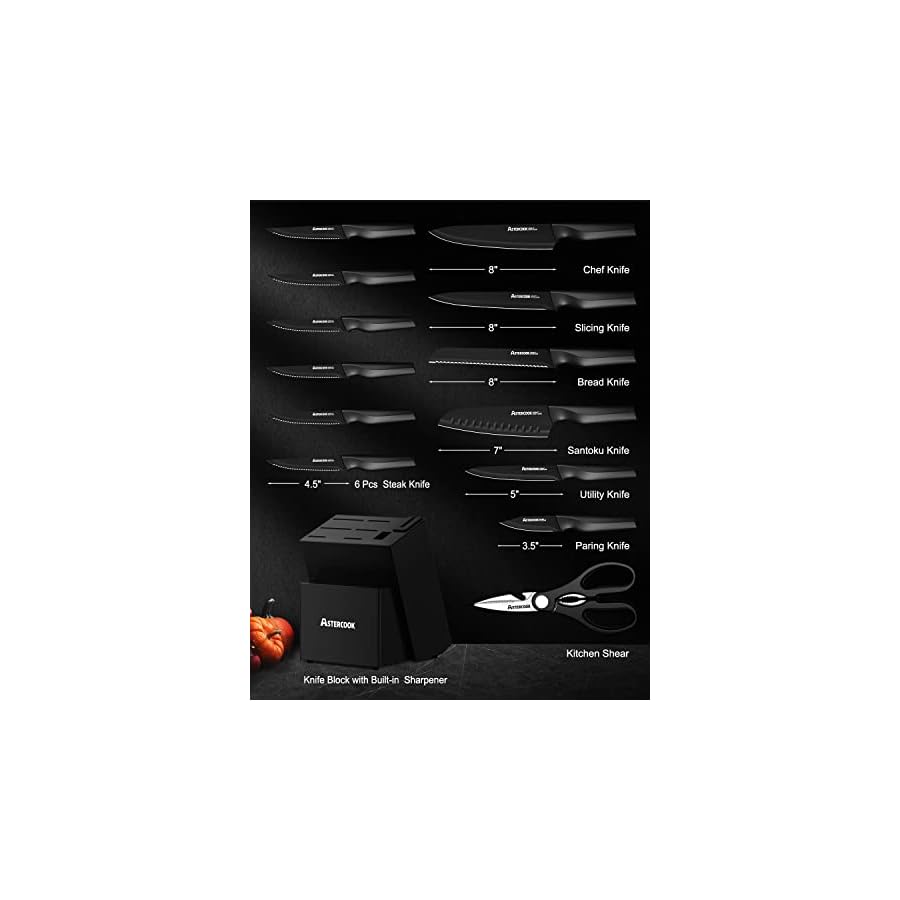 Astercook-Knife-Set-Kitchen-Knife-Set-with-Built-in-Sharpener-Block-Dishwasher-Safe-15-Pieces-German-Stainless-Steel-Knife-Block-Set-Black Astercook Knife Set, Kitchen Knife Set with Built-in Sharpener Block, Dishwasher Safe, 15 Pieces German Stainless Steel Knife Block Set, Black